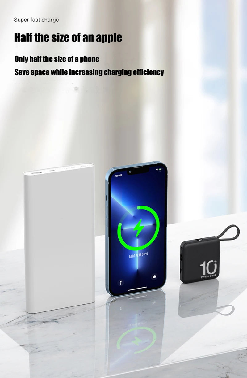 10000mAh Power Bank Large Capacity External Battery Built-in Type-C Cable Portable Lanyard Powerbank For iPhone Samsung