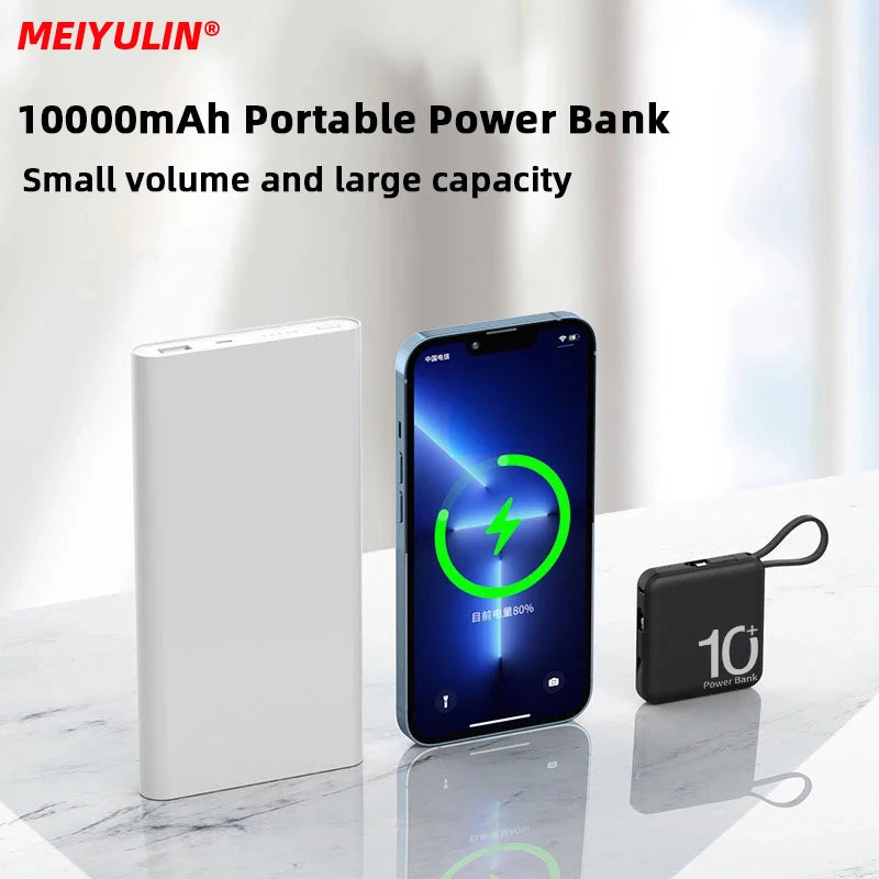10000mAh Power Bank Large Capacity External Battery Built-in Type-C Cable Portable Lanyard Powerbank For iPhone Samsung