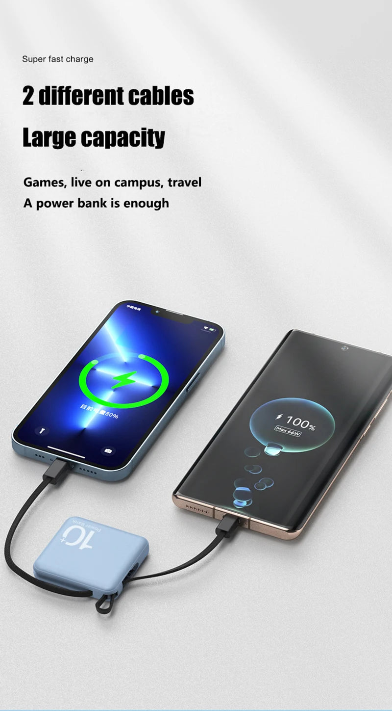 10000mAh Power Bank Large Capacity External Battery Built-in Type-C Cable Portable Lanyard Powerbank For iPhone Samsung