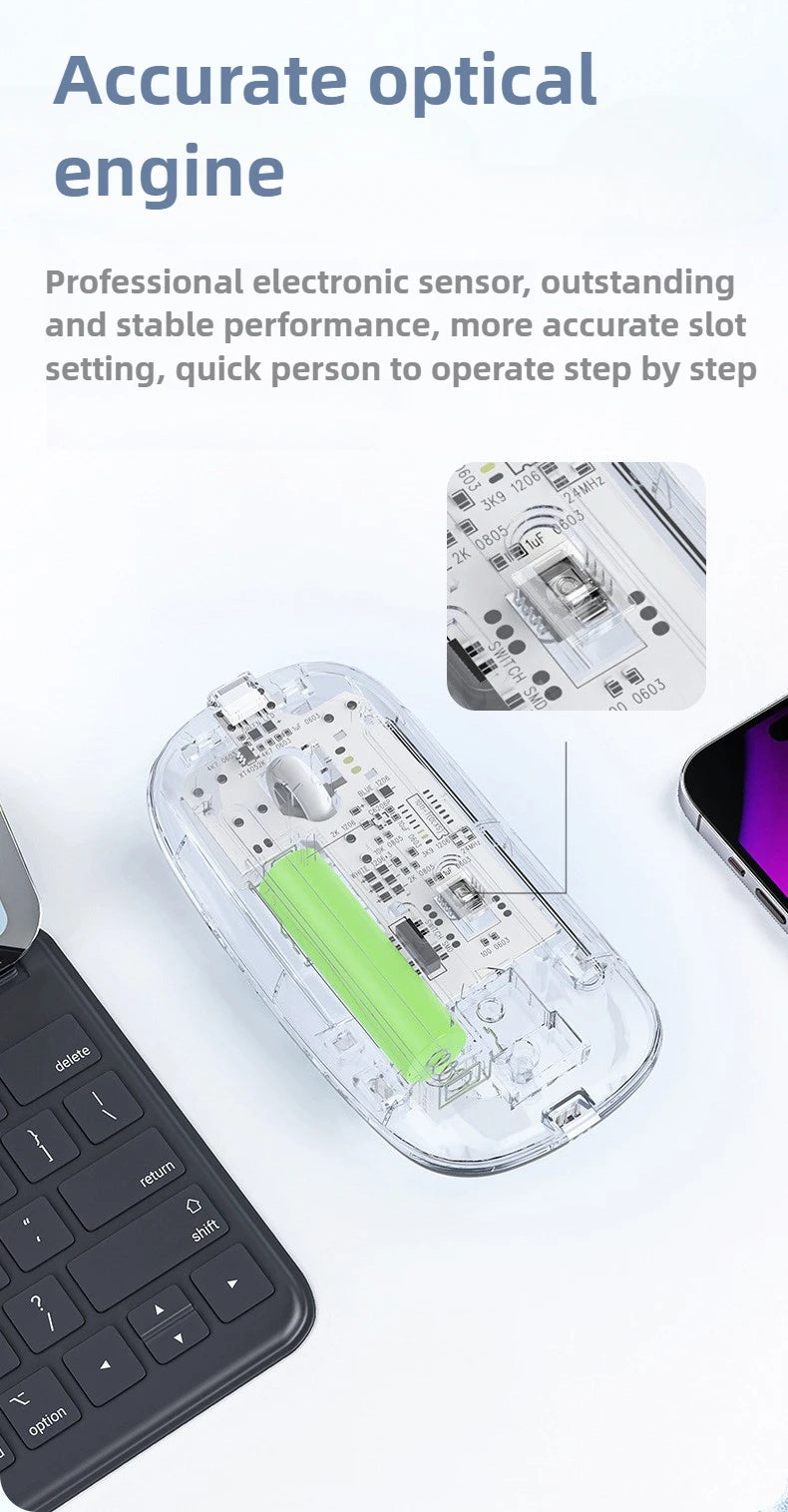 2.4G Wireless Bluetooth Mouse Mute Button Transparent Design Rechargeable Computer Gaming Mice for PC Laptop Tablet Home Office