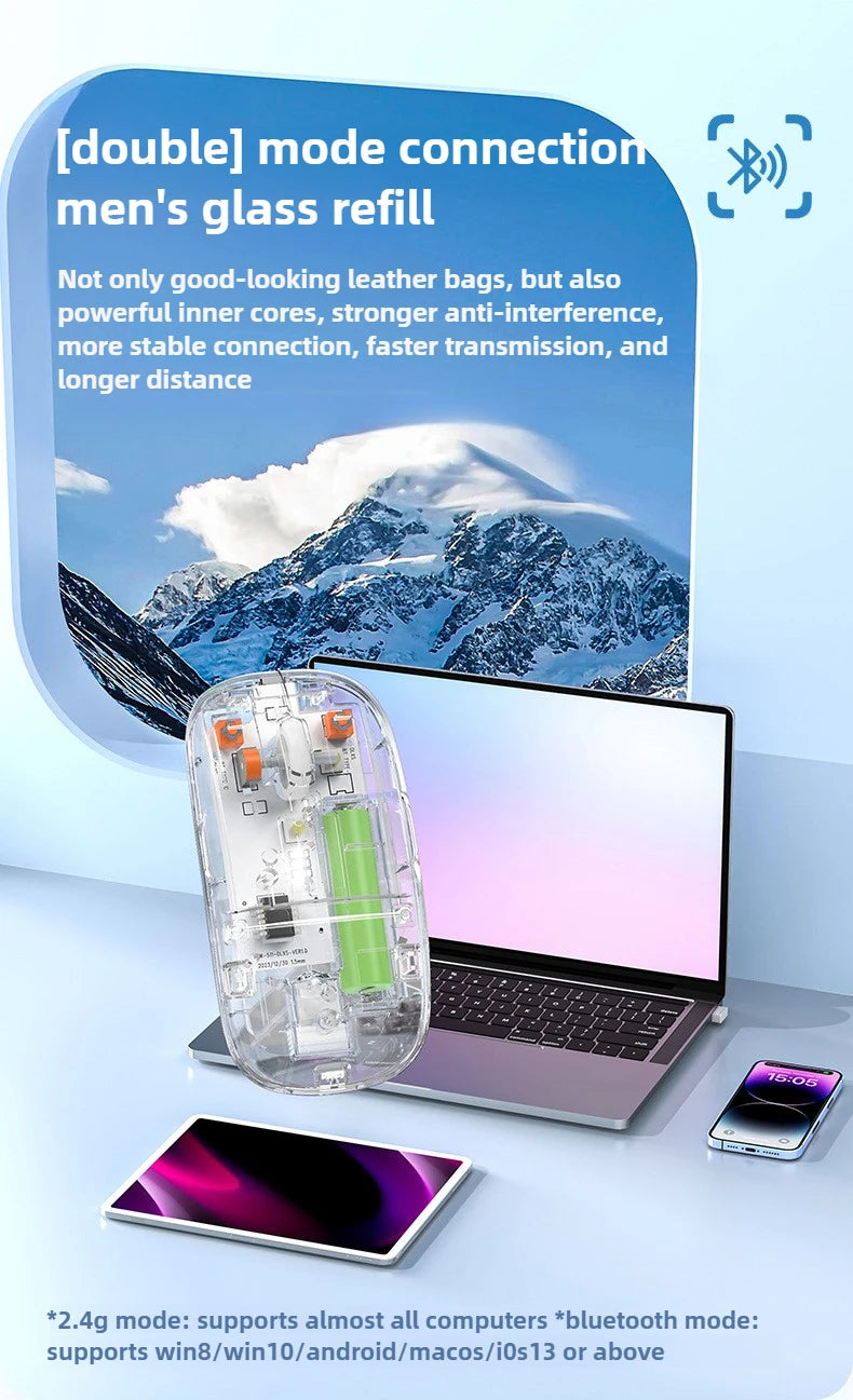 2.4G Wireless Bluetooth Mouse Mute Button Transparent Design Rechargeable Computer Gaming Mice for PC Laptop Tablet Home Office