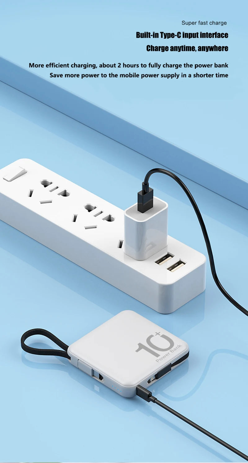 10000mAh Power Bank Large Capacity External Battery Built-in Type-C Cable Portable Lanyard Powerbank For iPhone Samsung