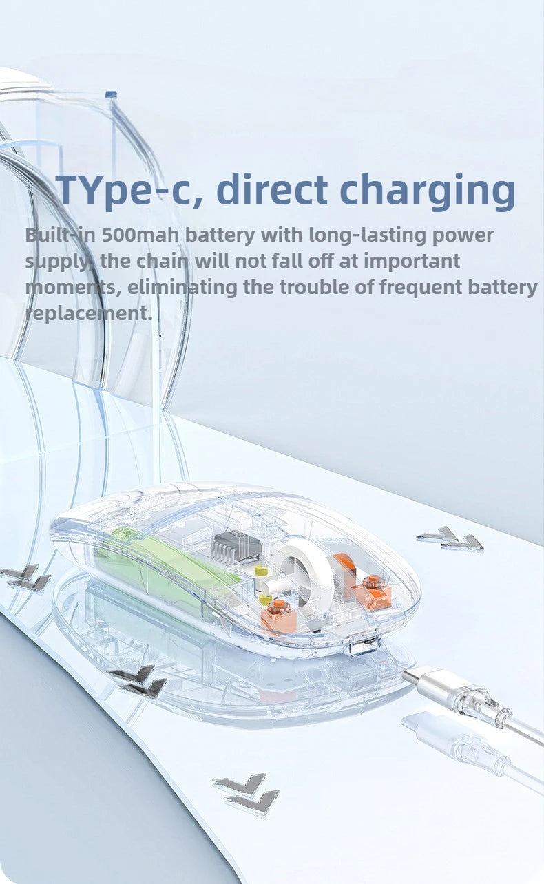 2.4G Wireless Bluetooth Mouse Mute Button Transparent Design Rechargeable Computer Gaming Mice for PC Laptop Tablet Home Office