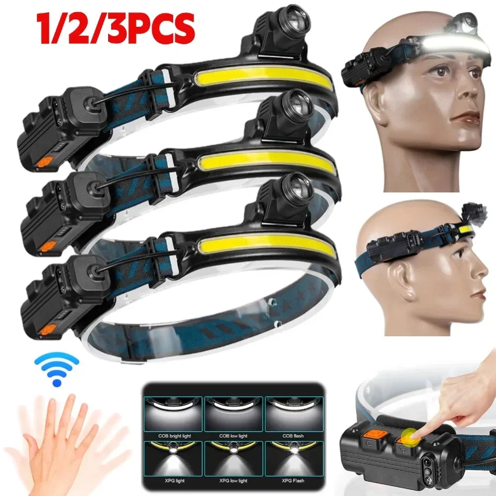 Induction LED Headlamp XPG+COB Wave Sensor Head Flashlight Super Bright USB Rechargeable Fishing Headlight Camping Lanterns