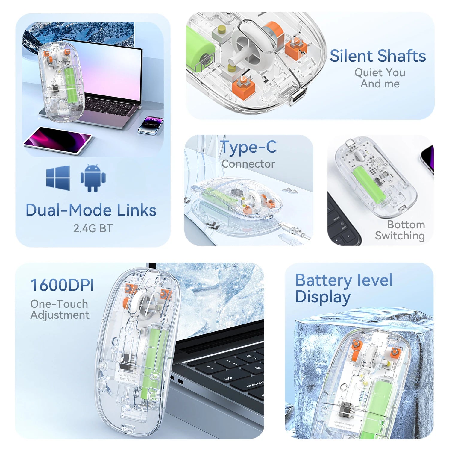 2.4G Wireless Bluetooth Mouse Mute Button Transparent Design Rechargeable Computer Gaming Mice for PC Laptop Tablet Home Office
