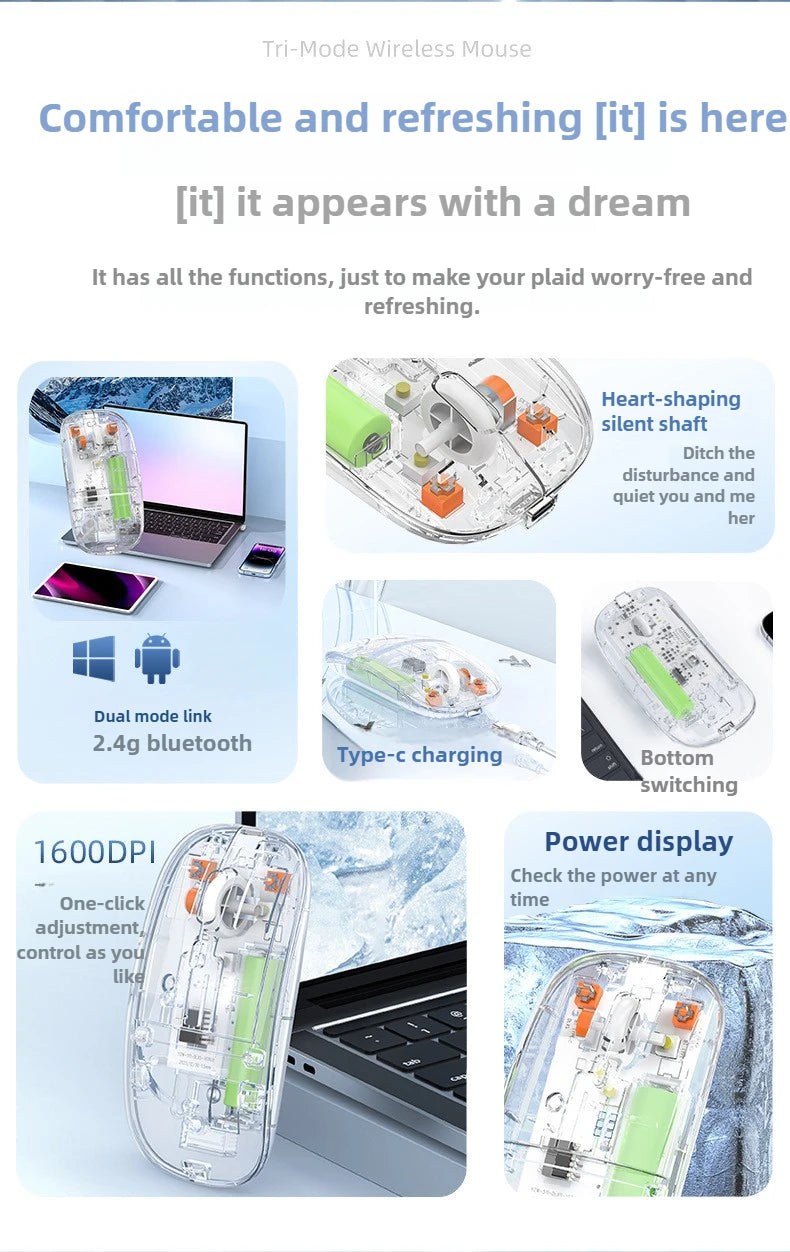 2.4G Wireless Bluetooth Mouse Mute Button Transparent Design Rechargeable Computer Gaming Mice for PC Laptop Tablet Home Office