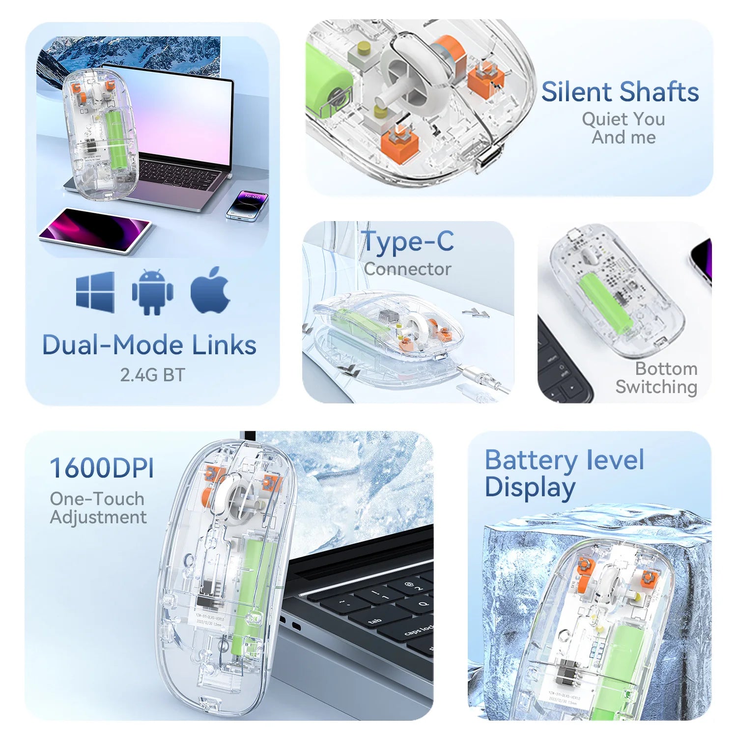 2.4G Wireless Bluetooth Mouse Mute Button Transparent Design Rechargeable Computer Gaming Mice for PC Laptop Tablet Home Office