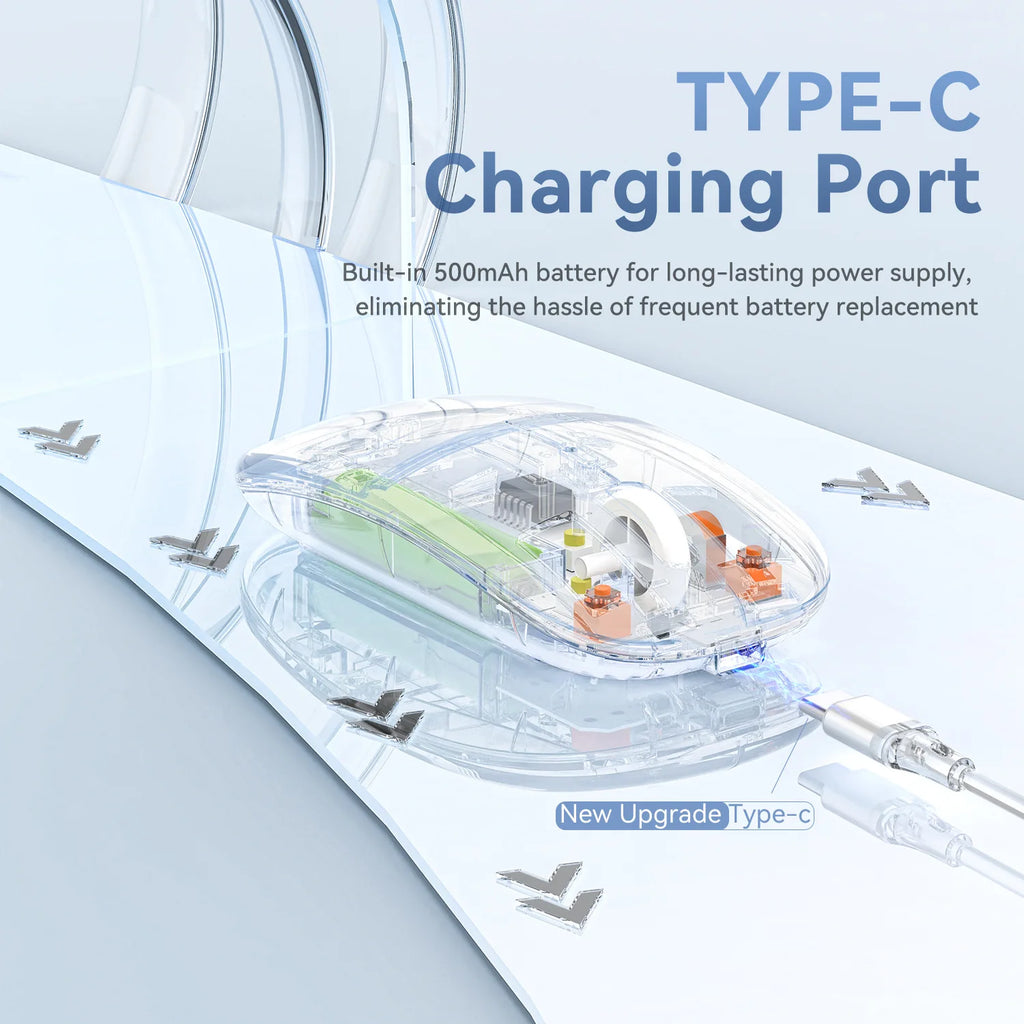 2.4G Wireless Bluetooth Mouse Mute Button Transparent Design Rechargeable Computer Gaming Mice for PC Laptop Tablet Home Office